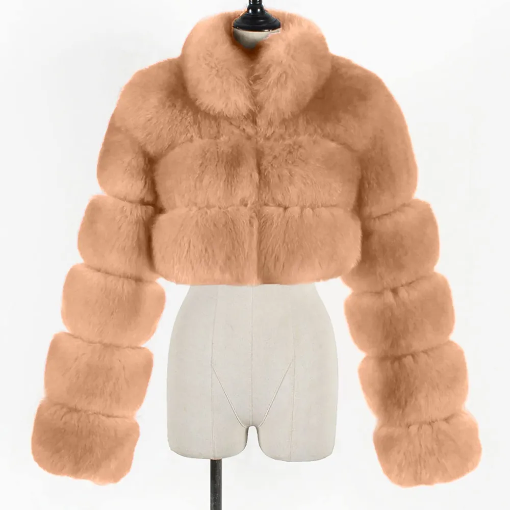 X1-Khaki Faux Fur Coat Women with Hood Cropped Bubble Coats Fleece Short Warm Jackets Plus Size Winter Coats for Women