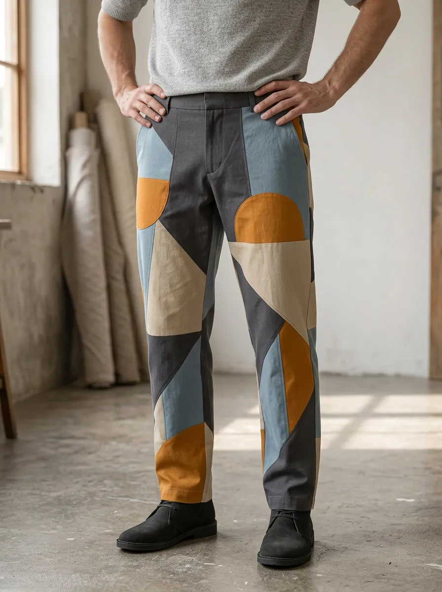Men's Mid-Rise Geometric Patchwork Trousers