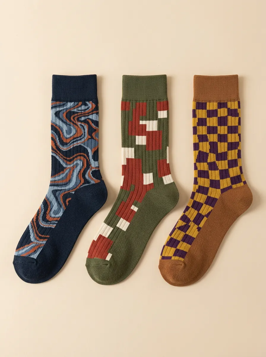 Men's Retro Marble Camo Checkered Print 3-Pack Socks