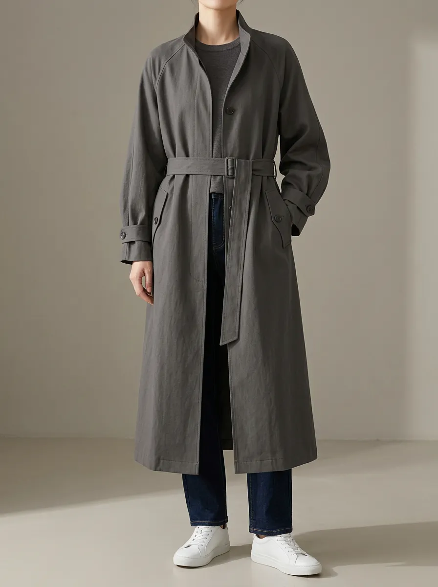 Women's Charcoal Grey Streamlined Self-Tie Belted Long Trench Coat