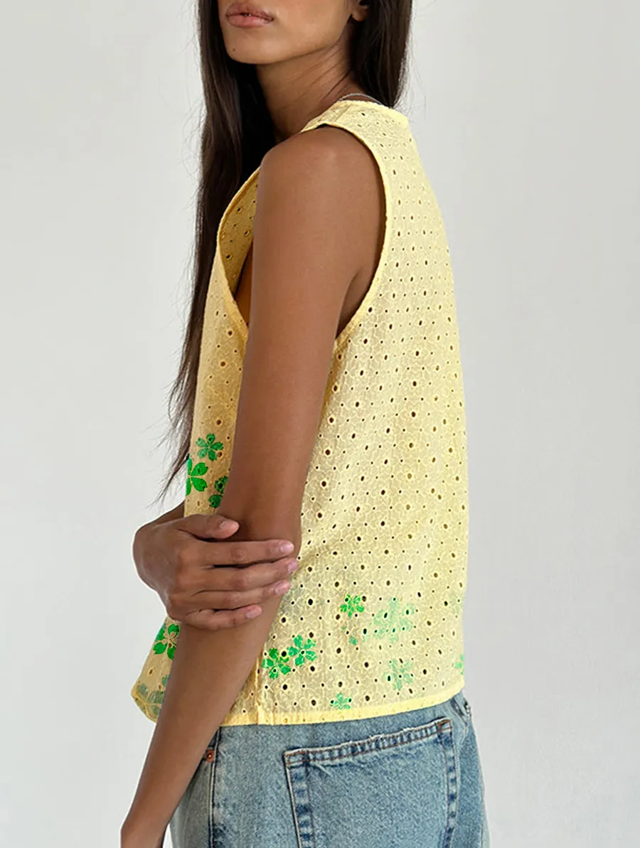 Broderie Yellow Tie Front Top