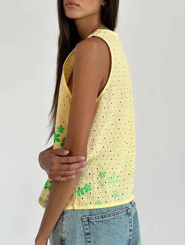 Broderie Yellow Tie Front Top