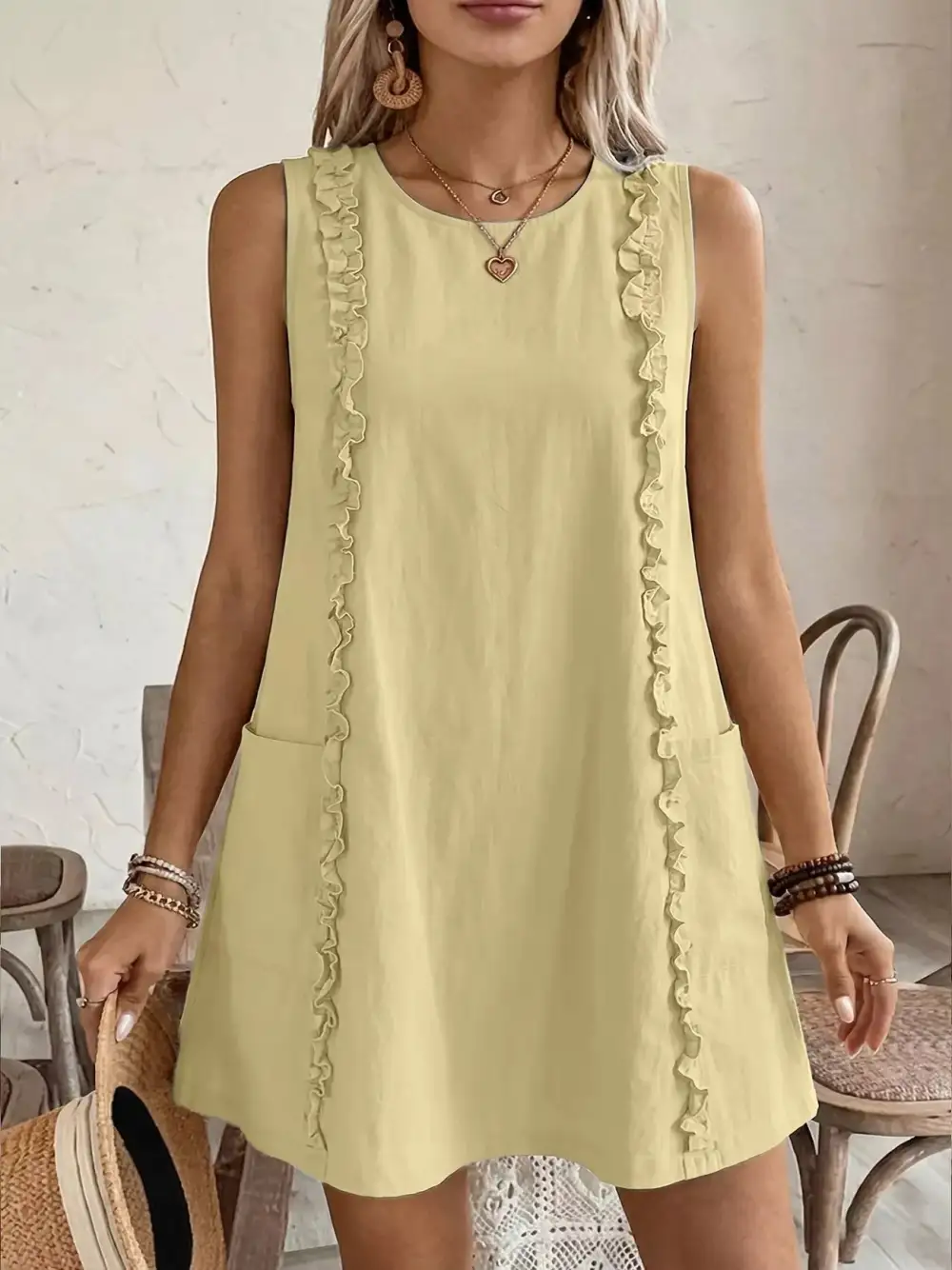 Round Neck Ruffle Sleeveless Dress Casual