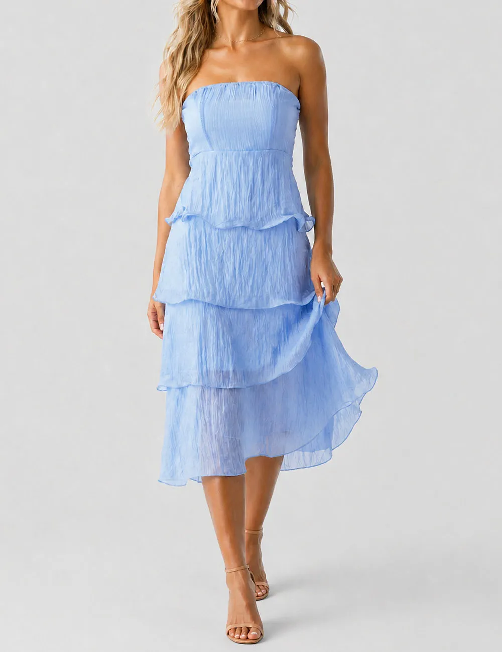 Chic Crinkle Strapless Tiered Ruffle Tube Midi Dress