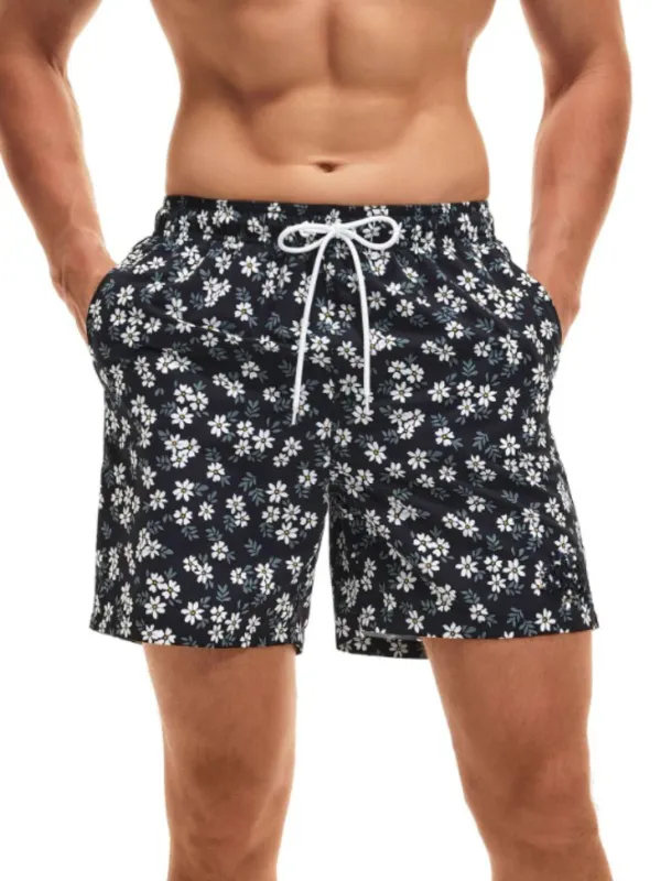 Men's Floral Print Letter Drawstring Swim Trunks
