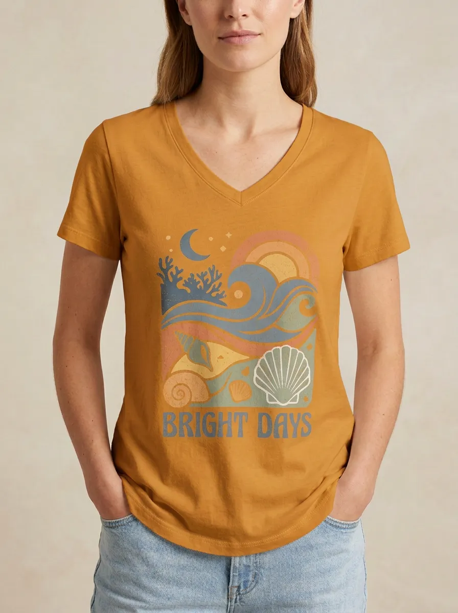 Women's Beach Bright Days Seashell Ocean Print V-Neck T-Shirt