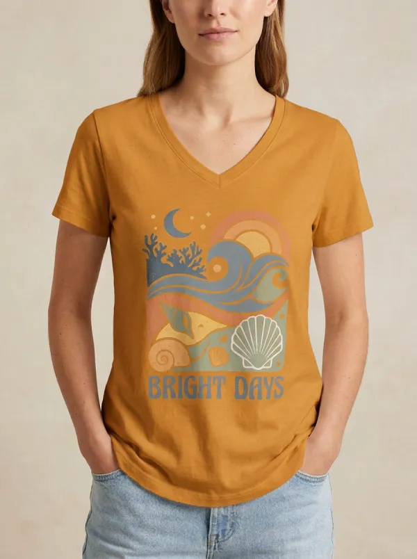 Women's Beach Bright Days Seashell Ocean Print V-Neck T-Shirt