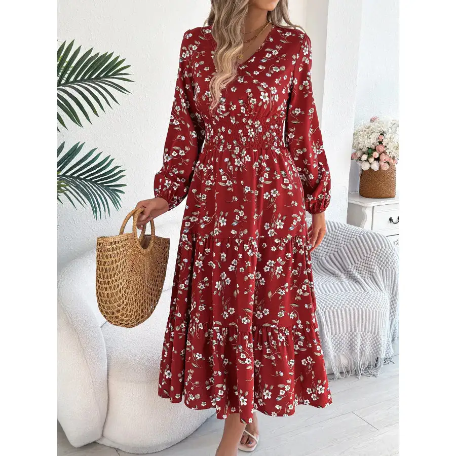 Floral Print Long Sleeve V Neck Midi Dress
