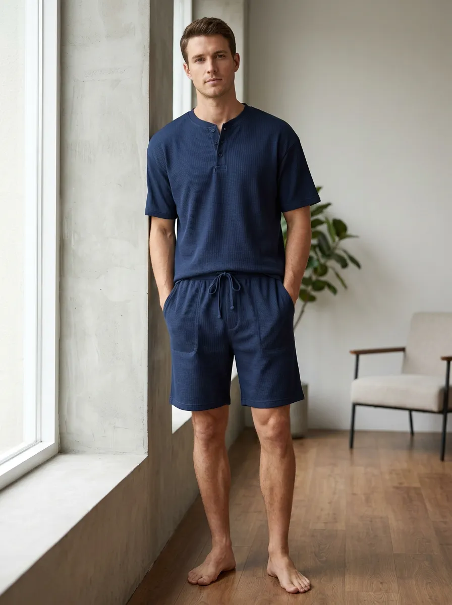 Men's Navy Waffle Knit Henley Short Lounge Set
