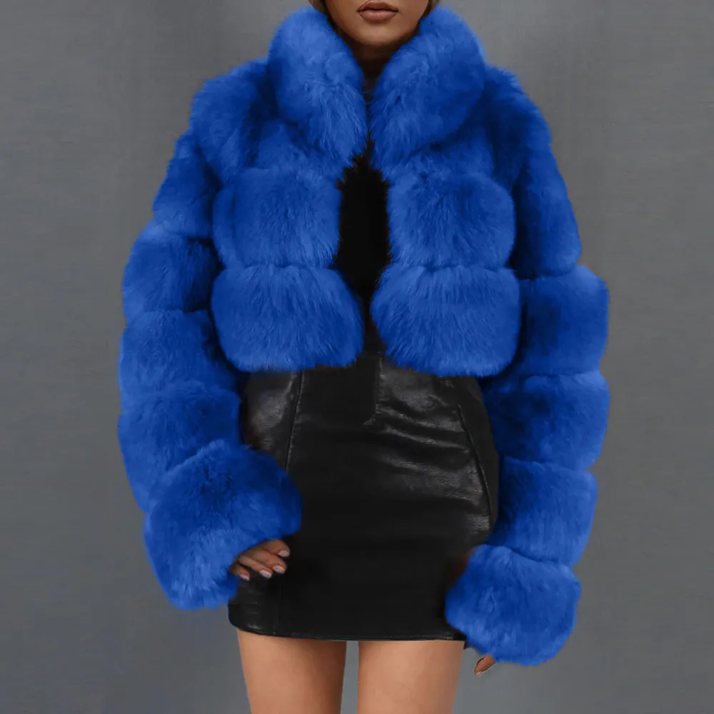 X1-Blue Faux Fur Coat Women with Hood Cropped Bubble Coats Fleece Short Warm Jackets Plus Size Winter Coats for Women