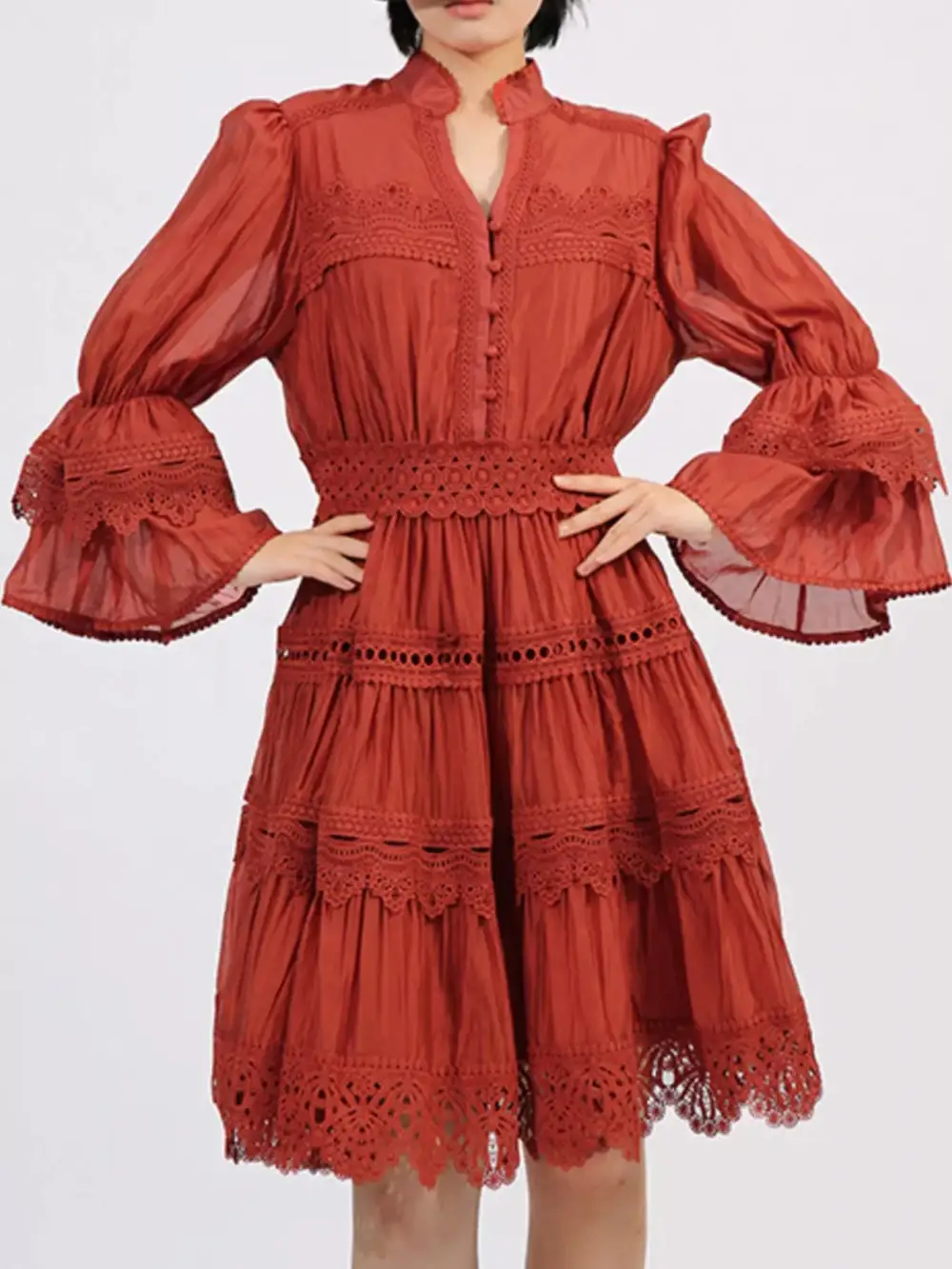 Easy Fit Lace Ruffle Long Sleeve Dress