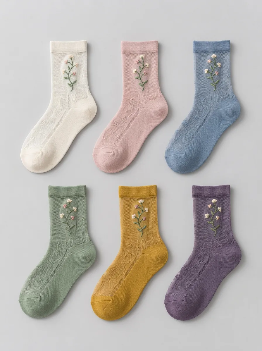 Women's Multicolor Floral Embroidered Sheer Crew Socks 6-Pack