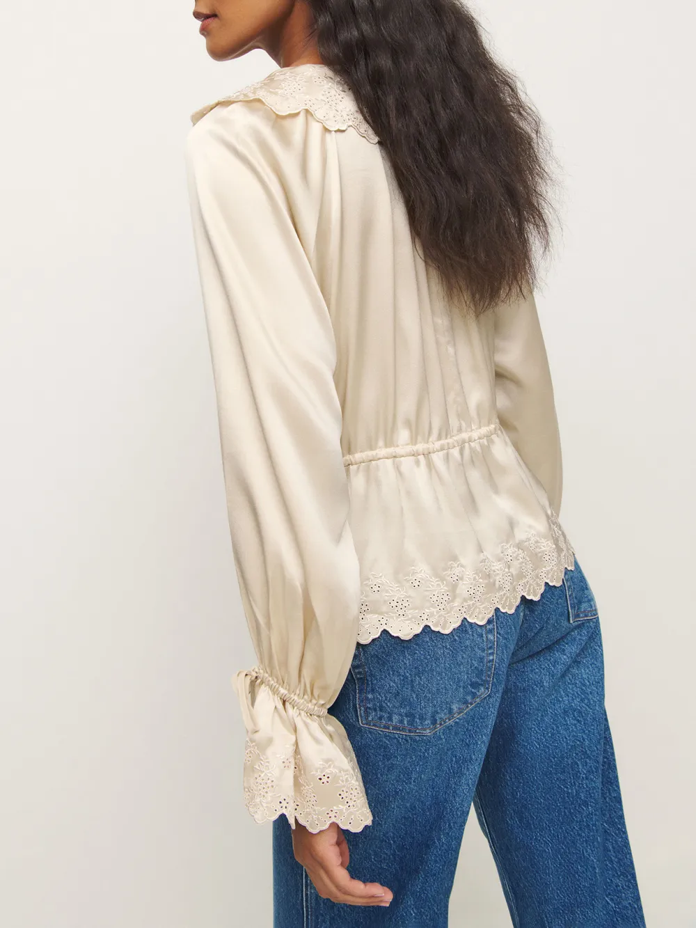 Ruffled V Neck Drawstring Blouse