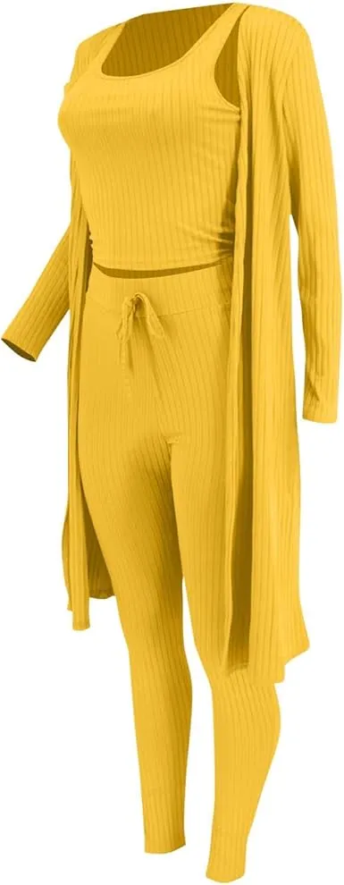 Women's Plain Long Sleeve Open Front Cardigan & Tie Front Leggings & Sleeveless Cropped Top Set, Casual Elegant Chic Fashion Cozy Breathable Women's Outfits for Fall, Ladies Fall Co-ord Sets, Clothes