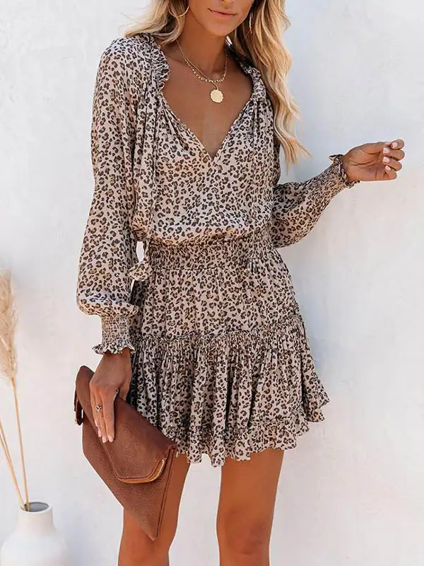 Long Sleeve Contrast Color Leopard Pleated Split Joint Tied