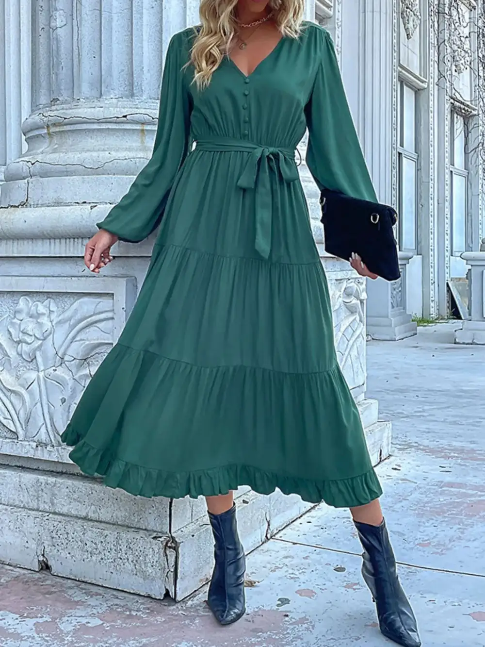 Smooth Finish V Neck Ruffle Dress