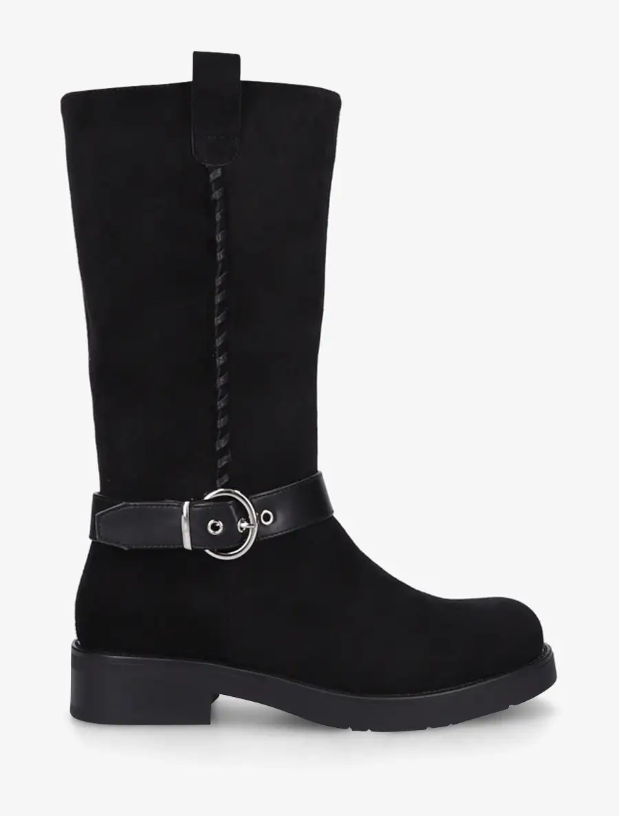 Classic Strap Detail Block Heel Faux Suede Knee High Boots