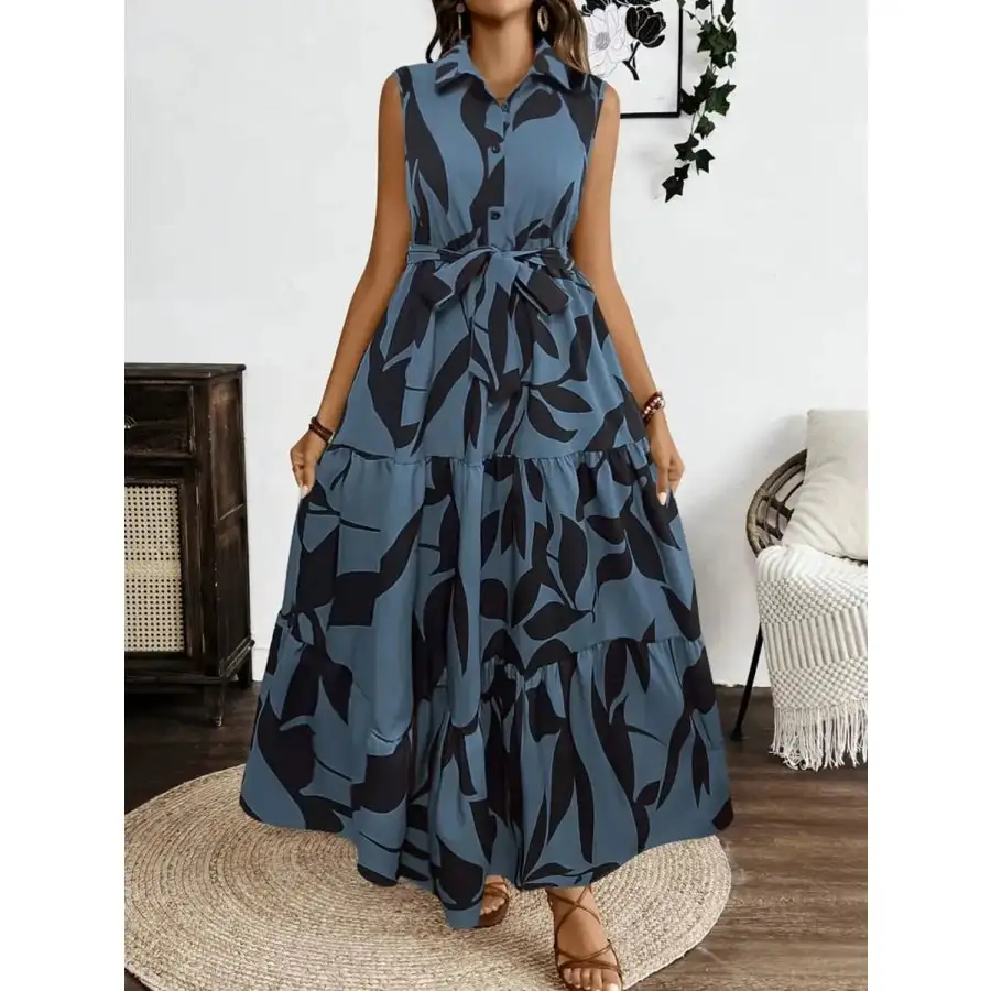 Printed Tie Waist Sleeveless Maxi Dress