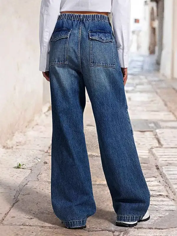 Ombre High Waist Relaxed Fit Drawstring Elastic Waist Jeans