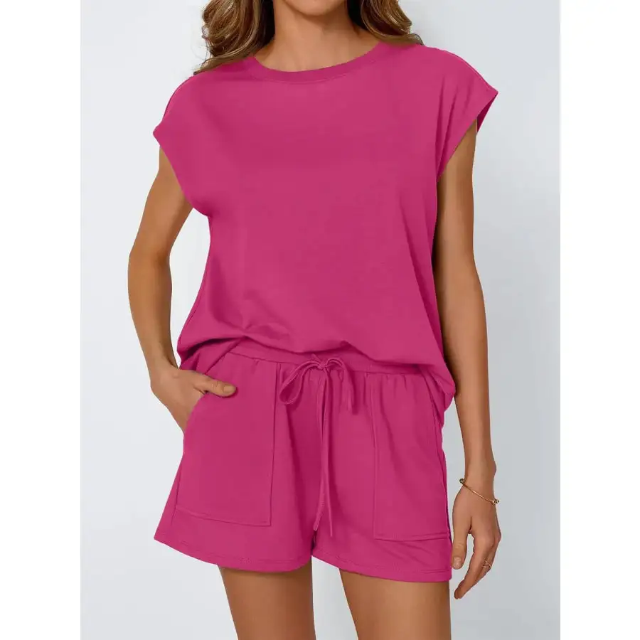 Round Neck Cap Sleeve Top and Shorts Set