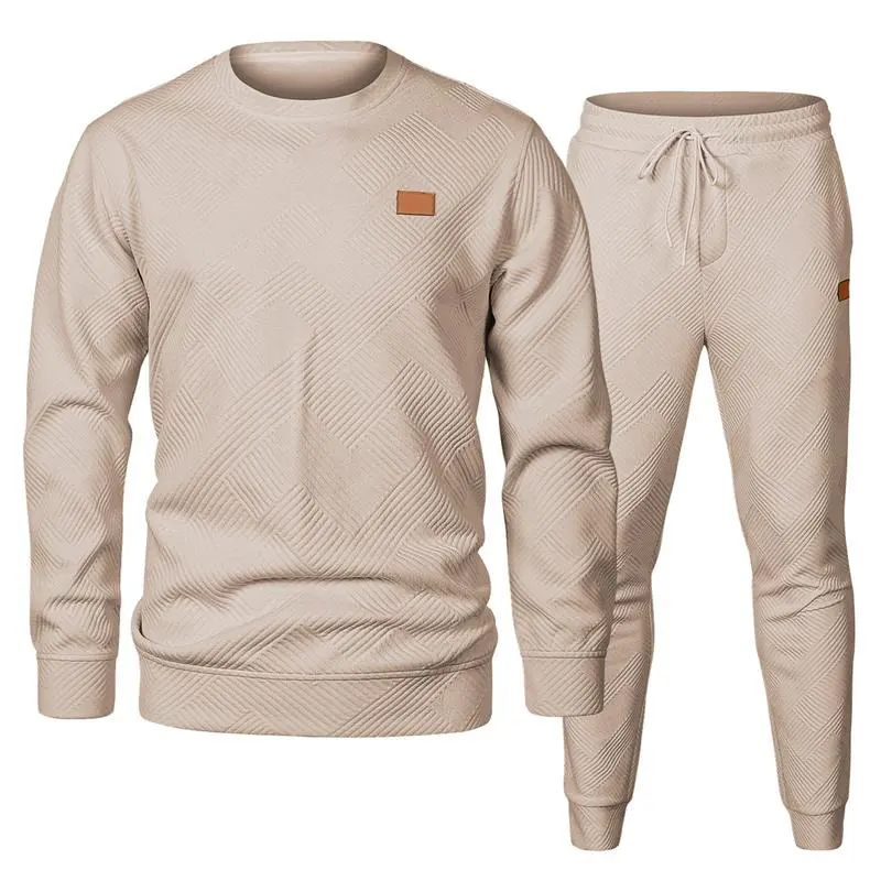 🔥Last Day 49% Off - Men's 2 Piece Sweatsuits Outfits Casual Crewneck Jacquard Sweatshirt Joggers Sweatpants Set Tracksuit High Quality Fabric Classic Design