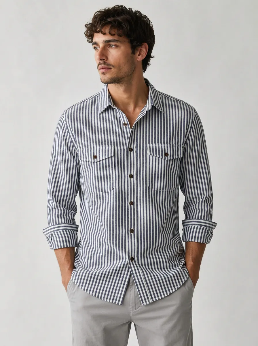 Men's Navy and White Striped Utility Shirt