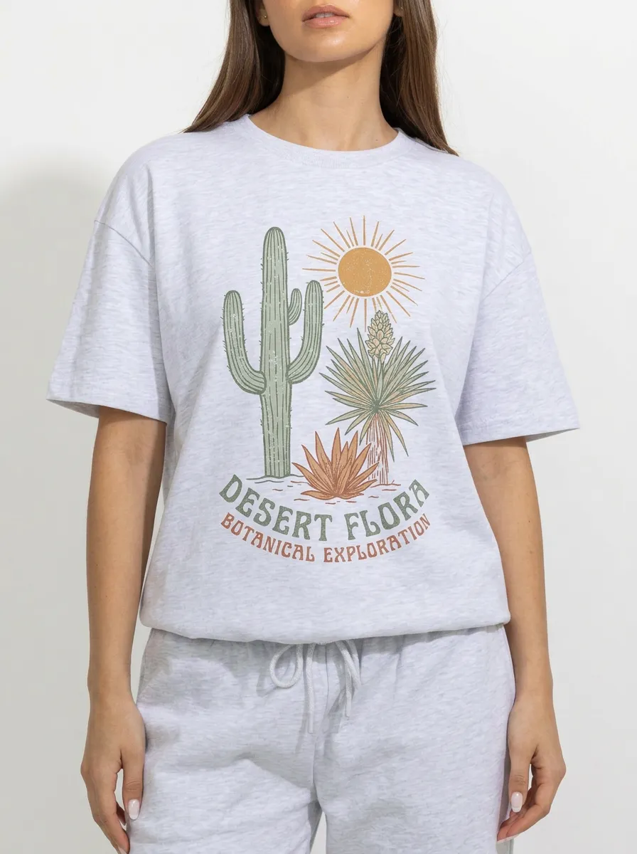 Women's Desert Flora Cactus Botanical Exploration Printed T-shirt