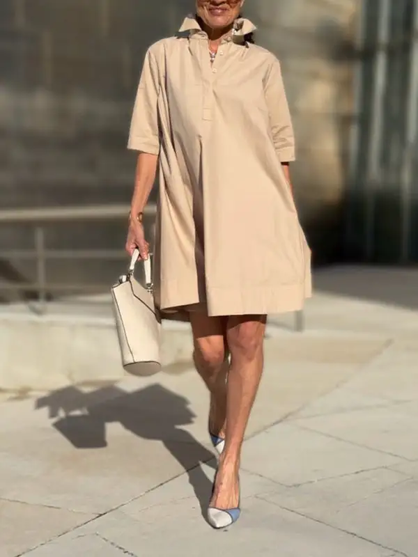 A Line Short Sleeve Solid Color Split Joint Lapel Mini Dress