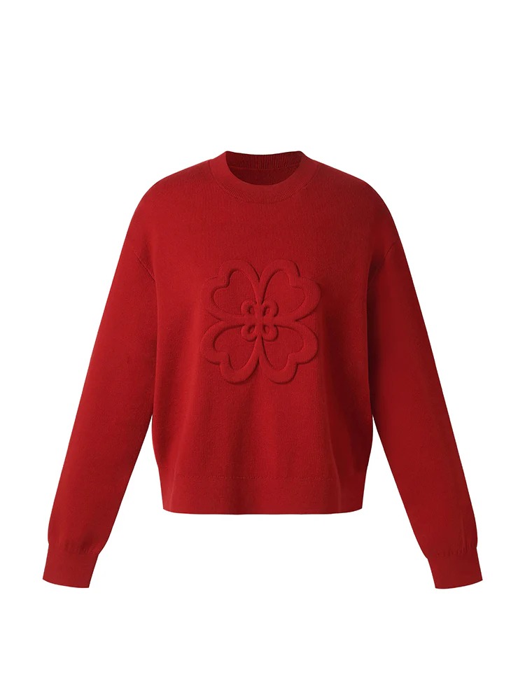 Wool Blend Clover Embossed Women Sweater
