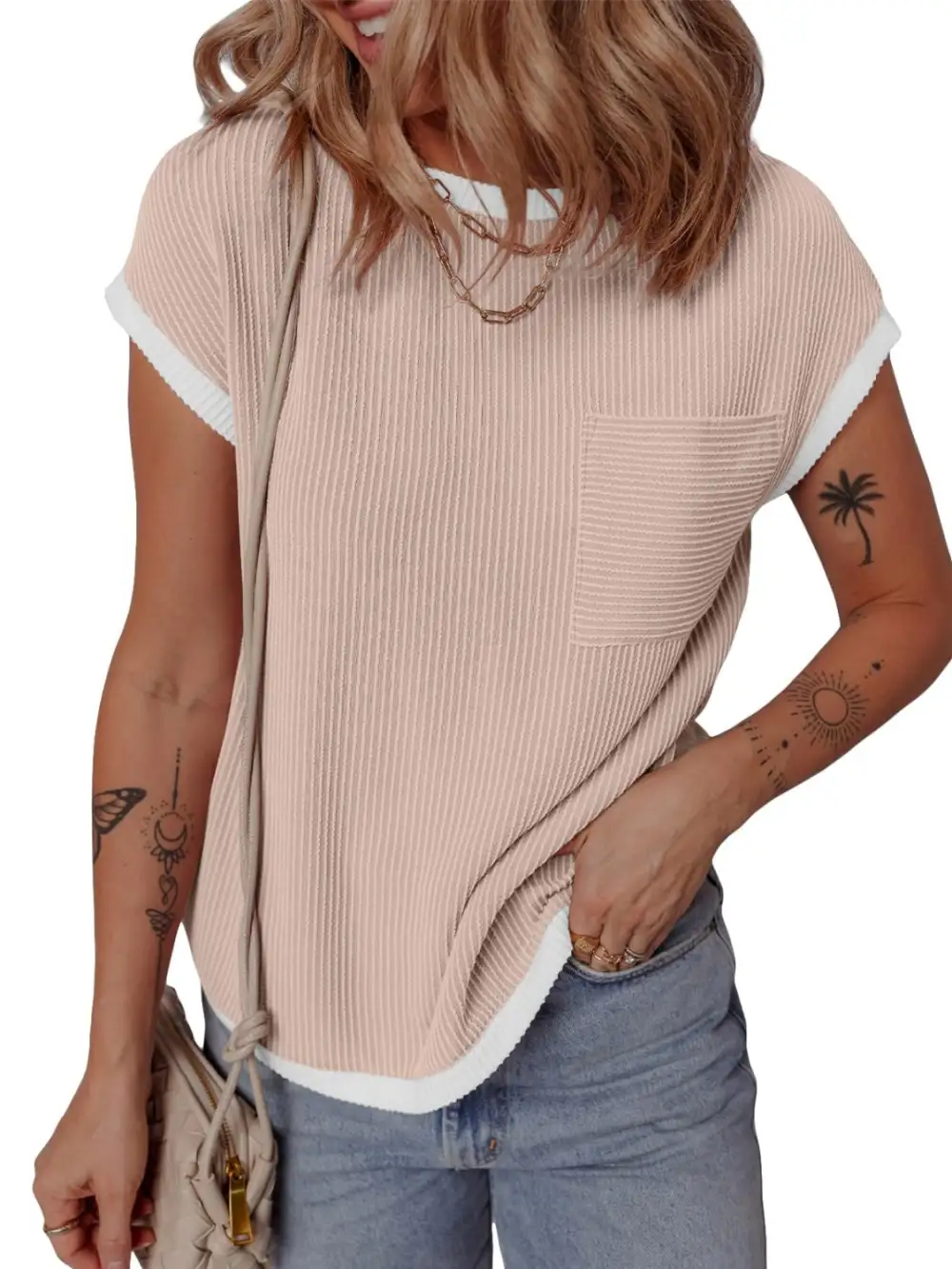 Round-Neck Short-Sleeve Contrast-Trim T-Shirt