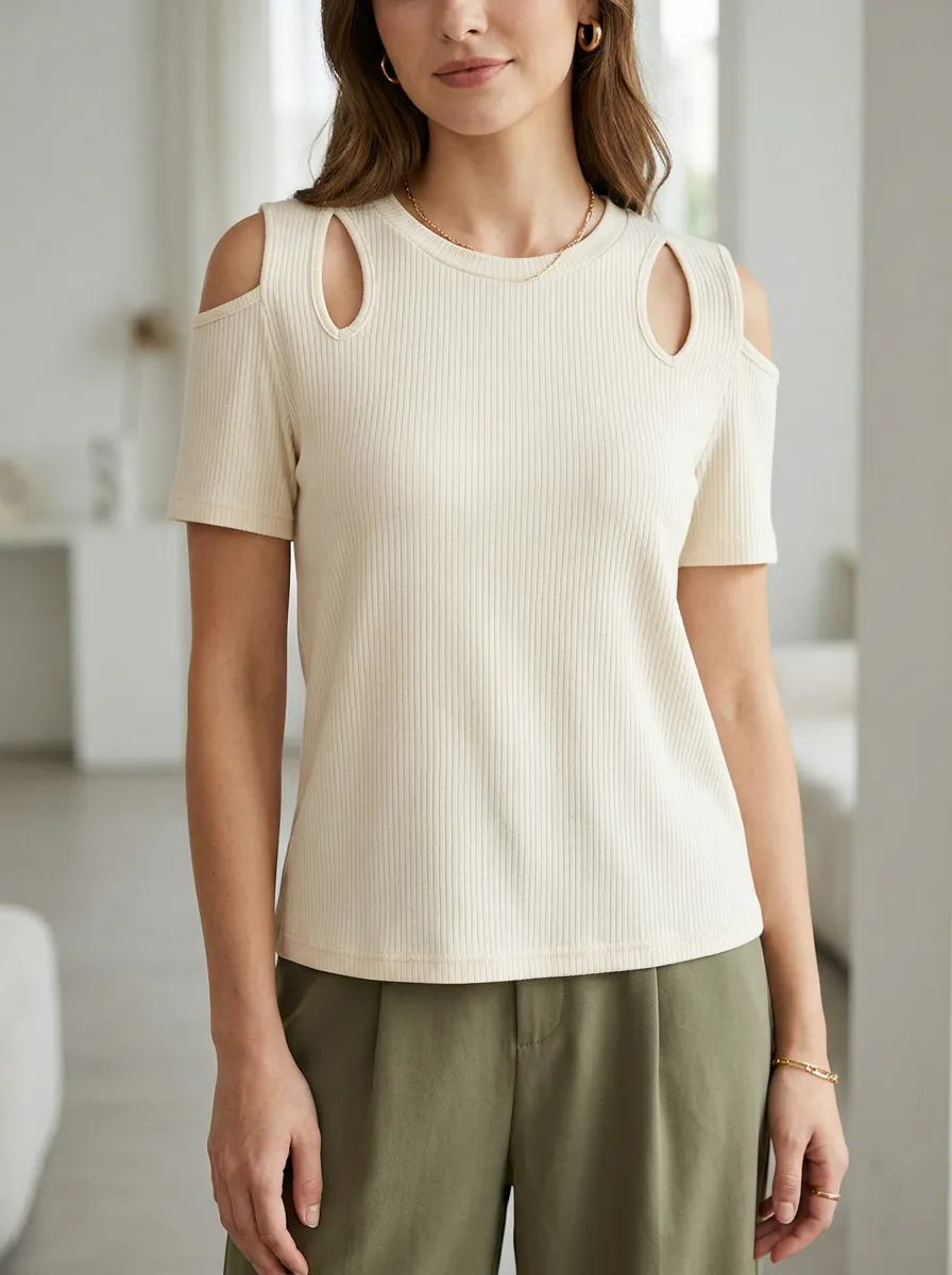 Women's Casual Ribbed Knit Cold Shoulder Cutout Top