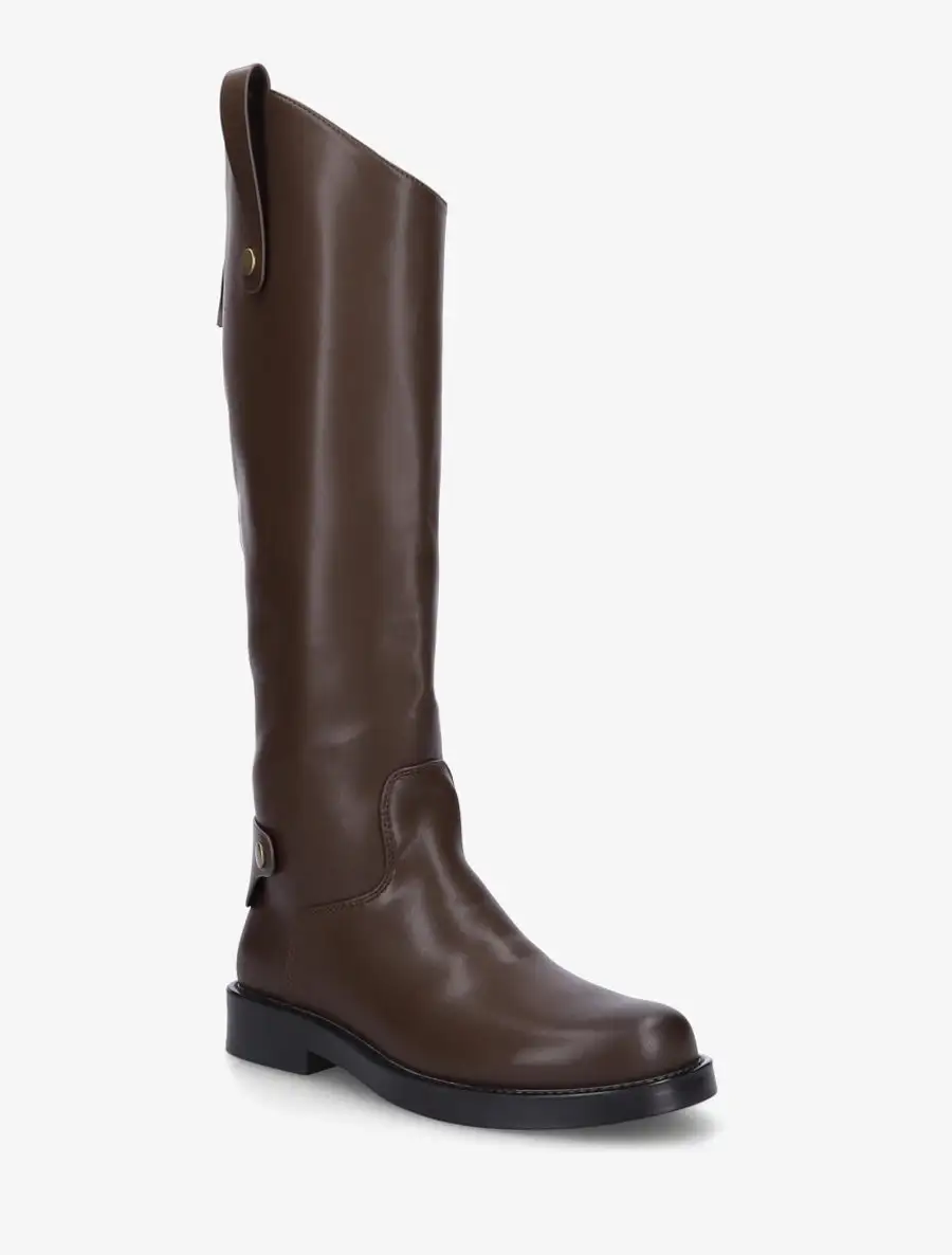 Classic Detailed Block Heel Faux Leather Knee High Boots