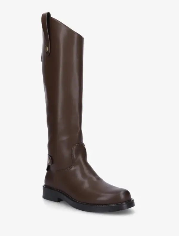 Classic Detailed Block Heel Faux Leather Knee High Boots