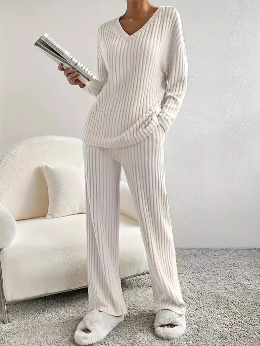 Classic Ribbed Knit V Neck Top and Pants Set