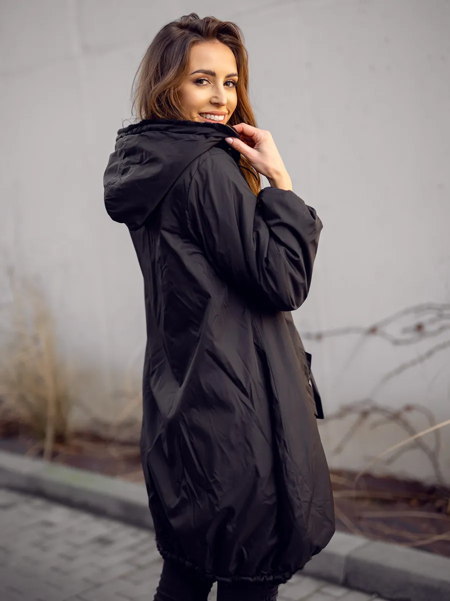 Black Women's Long Quilted Winter Jacket With Hood