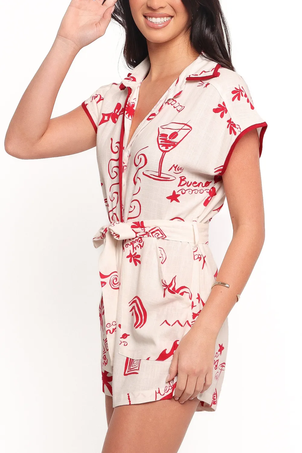 Classic V-Neck Tie-Waist Pocket Short-Sleeve Linen Romper
