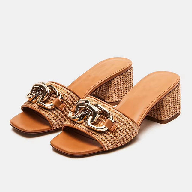 Verona Gold Chain Raffia Chunky Heel Sandals