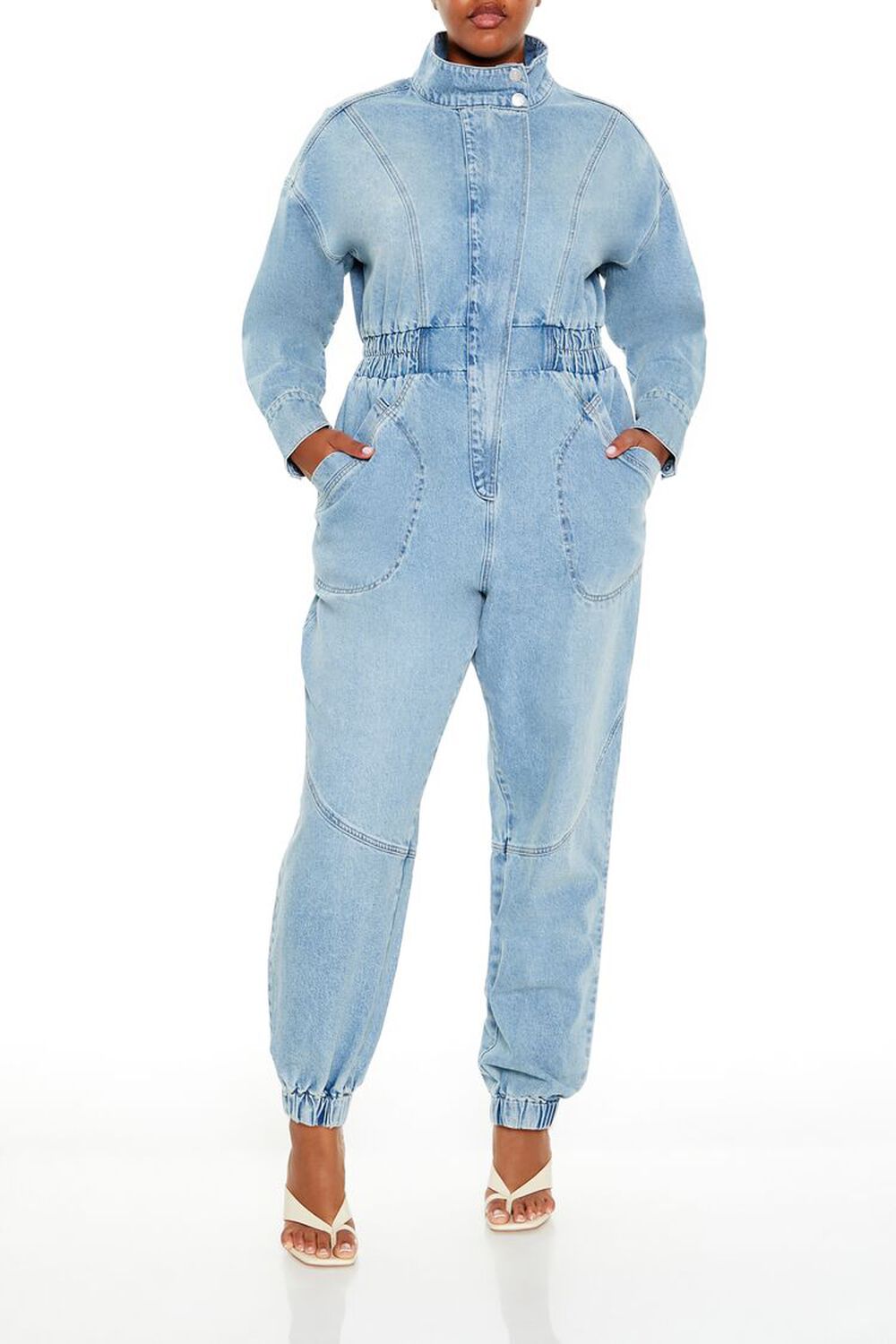 Plus Size Denim Funnel-Neck Jumpsuit