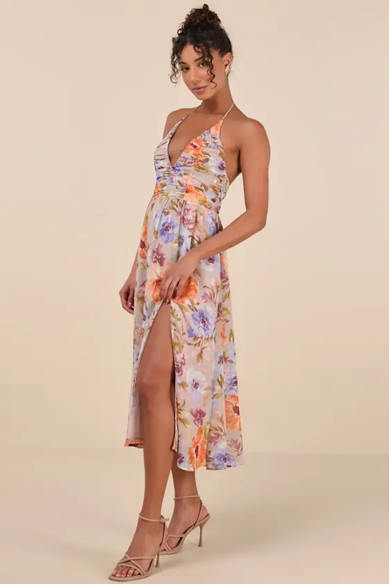 Danelle Yellow Floral Halter A-Line Midi Dress