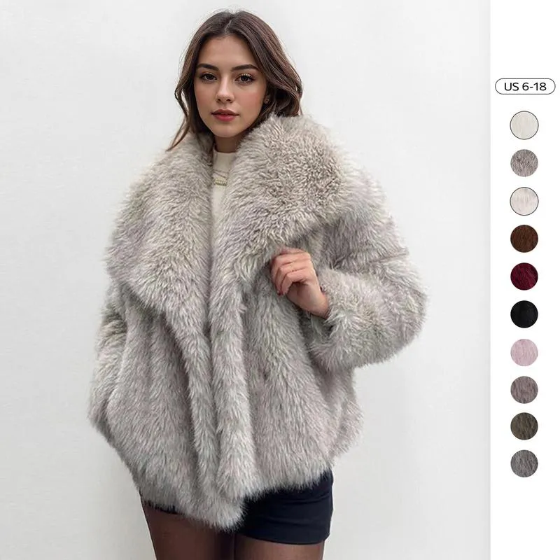 Women's Luxurious Oversize Solid Color Wide Lapel Snap Closure Fuzzy Thermal Outerwear, Fall & Winter Long Sleeve Outerwear, Faux Fur Outfit