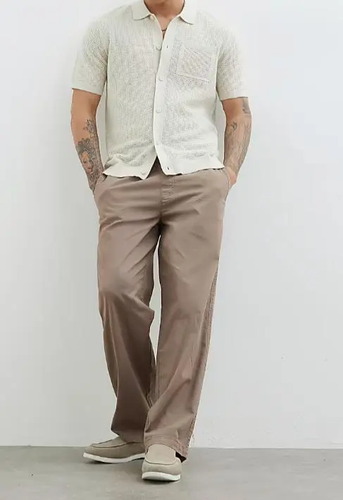 Men's Beige Lapel Short Sleeve Shirt