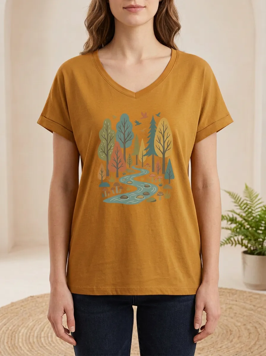 Women's Nature Forest River Mushroom Print T-Shirt