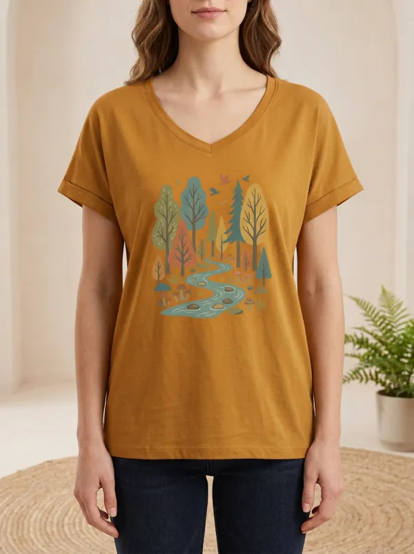 Women's Nature Forest River Mushroom Print T-Shirt