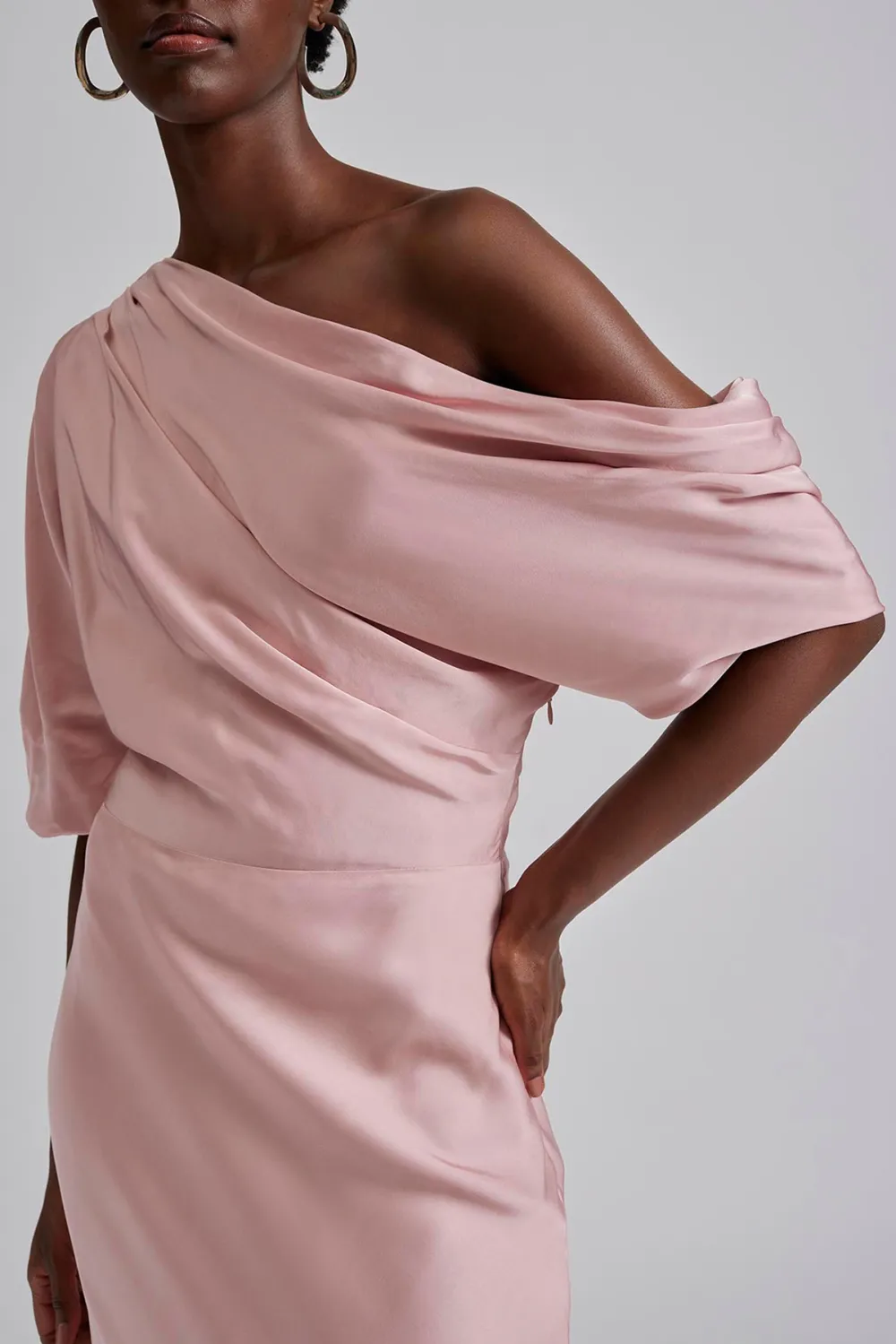 Asymmetrical Shoulder Satin Maxi Dress