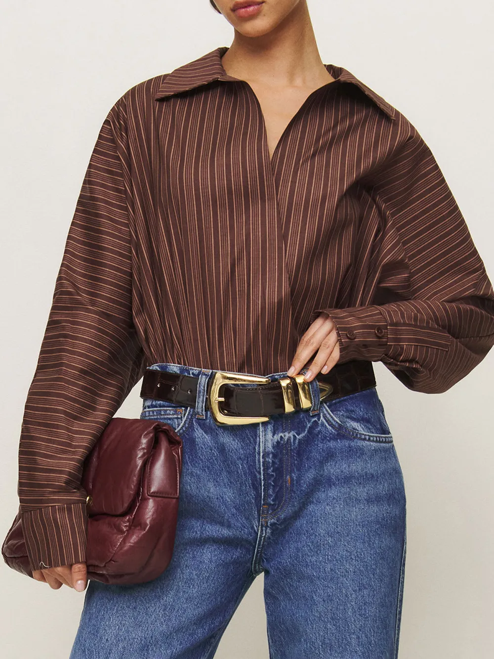 Pinstripe Collared Long Sleeve Blouse