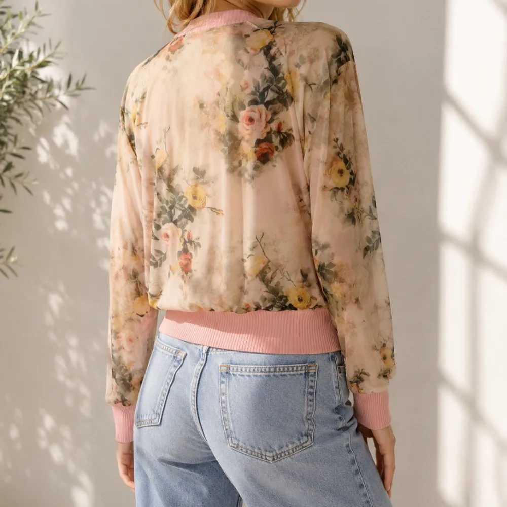 Floral Detail Ribbed Mesh Cardigan