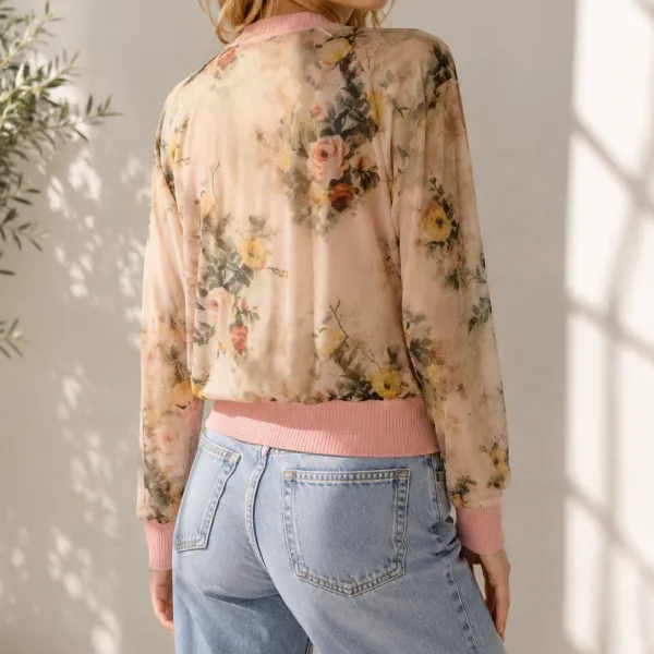 Floral Detail Ribbed Mesh Cardigan