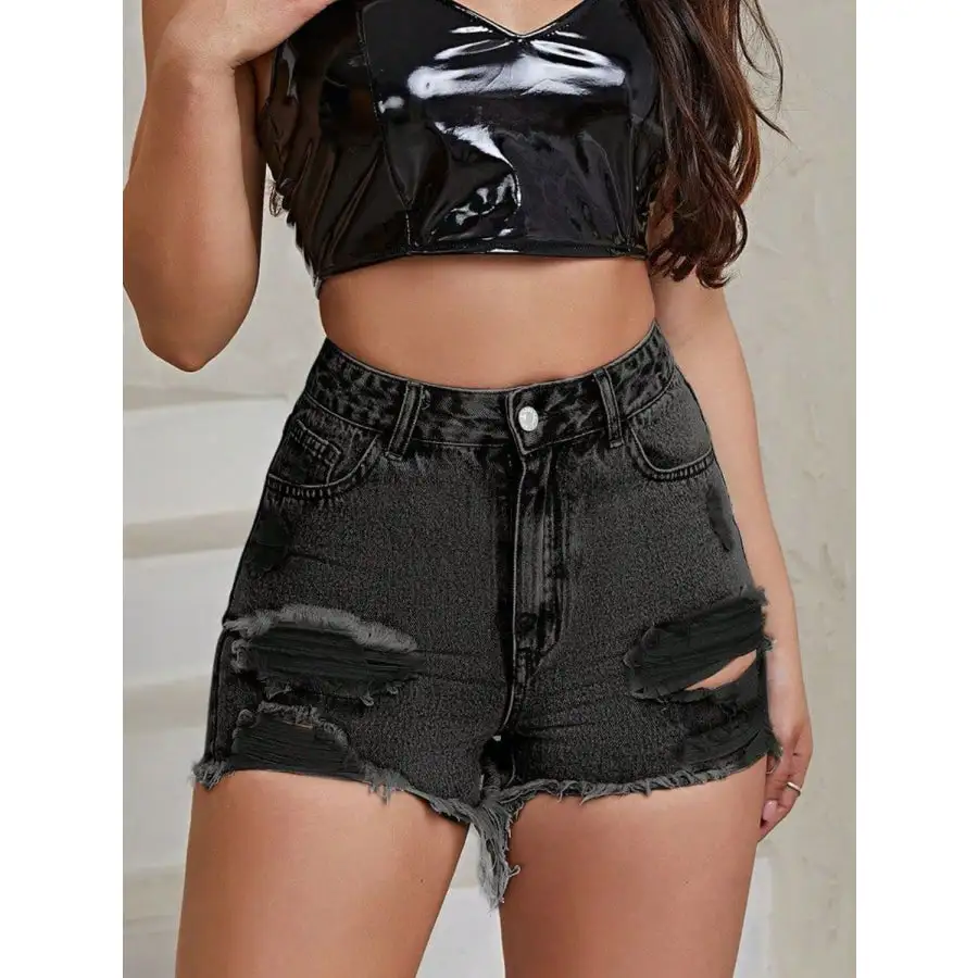 Distressed Raw Hem High Rise Denim Shorts