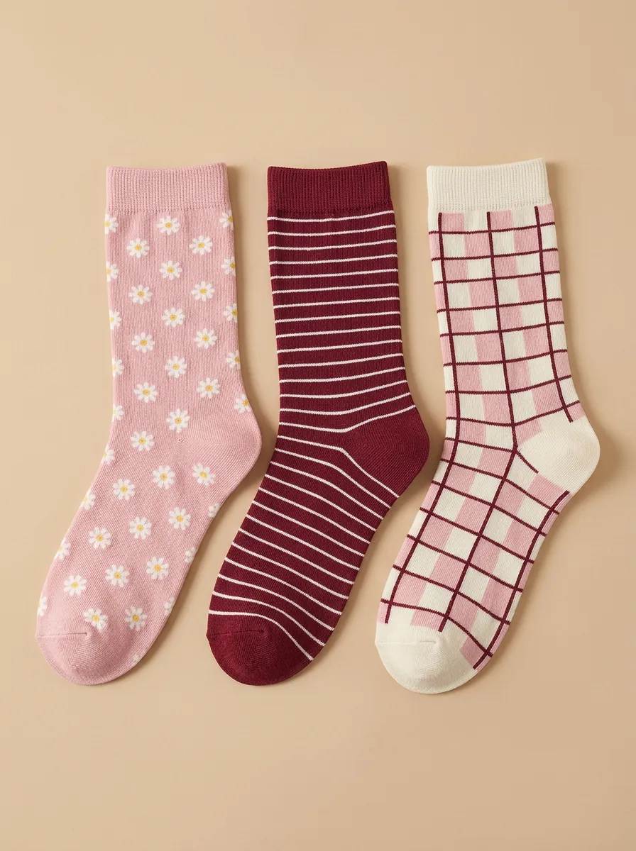 Daisy Striped Plaid Three Pair Sock Set