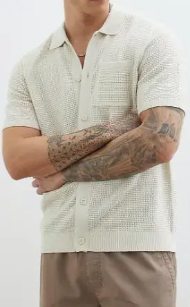 Men's Beige Lapel Short Sleeve Shirt